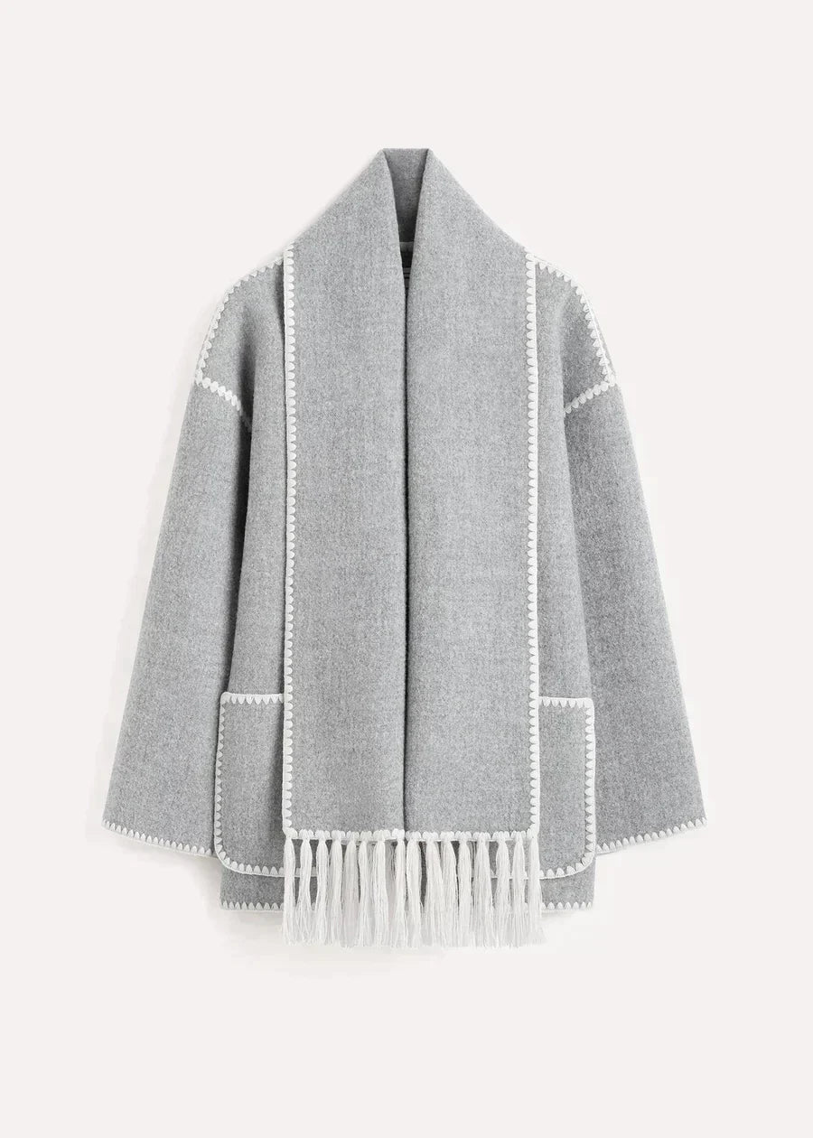 Women high-neck wrap coat, detail close-up