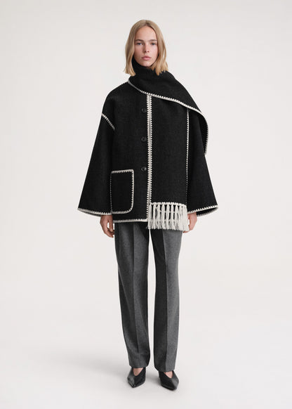 Women black high-neck wrap coat, front view