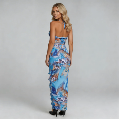 Blue feather-print maxi dress with corset-style back — close-up of back detail and tie closure.