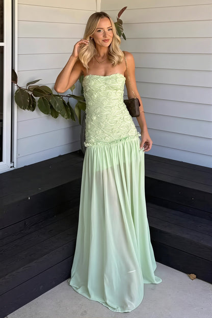 Women green strapless floral maxi dress, back view
