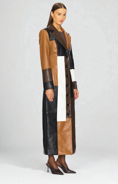 Women notched lapel button colorblock coat, side view