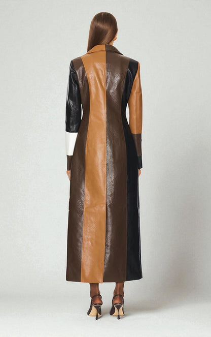 Women notched lapel button colorblock coat, detail close-up