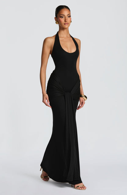 Women black halter maxi dress, back view