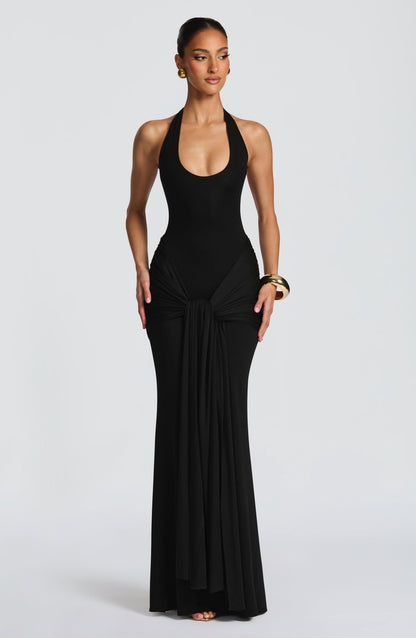 Women black halter maxi dress, detail close-up