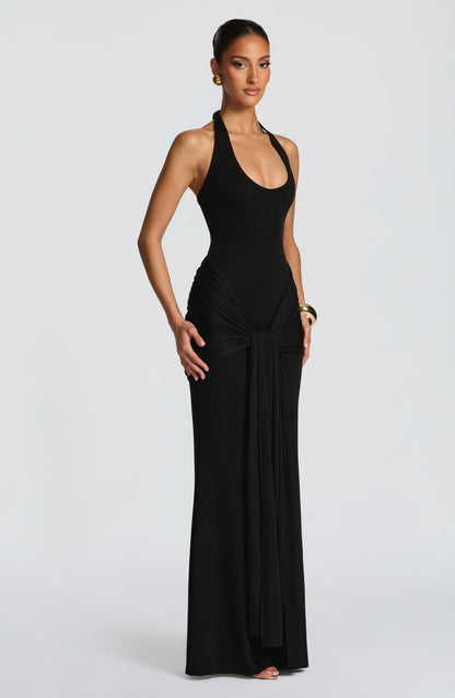 Women black halter maxi dress, front view
