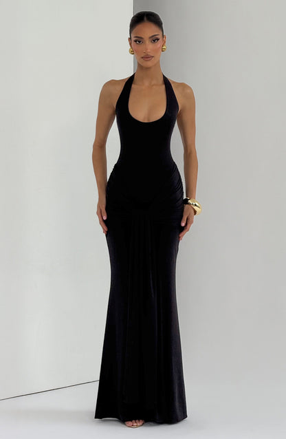 Women black halter maxi dress, back view