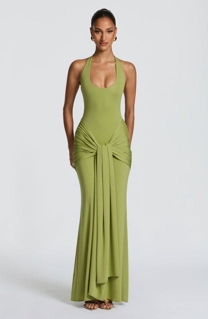 Women halter maxi dress, side view