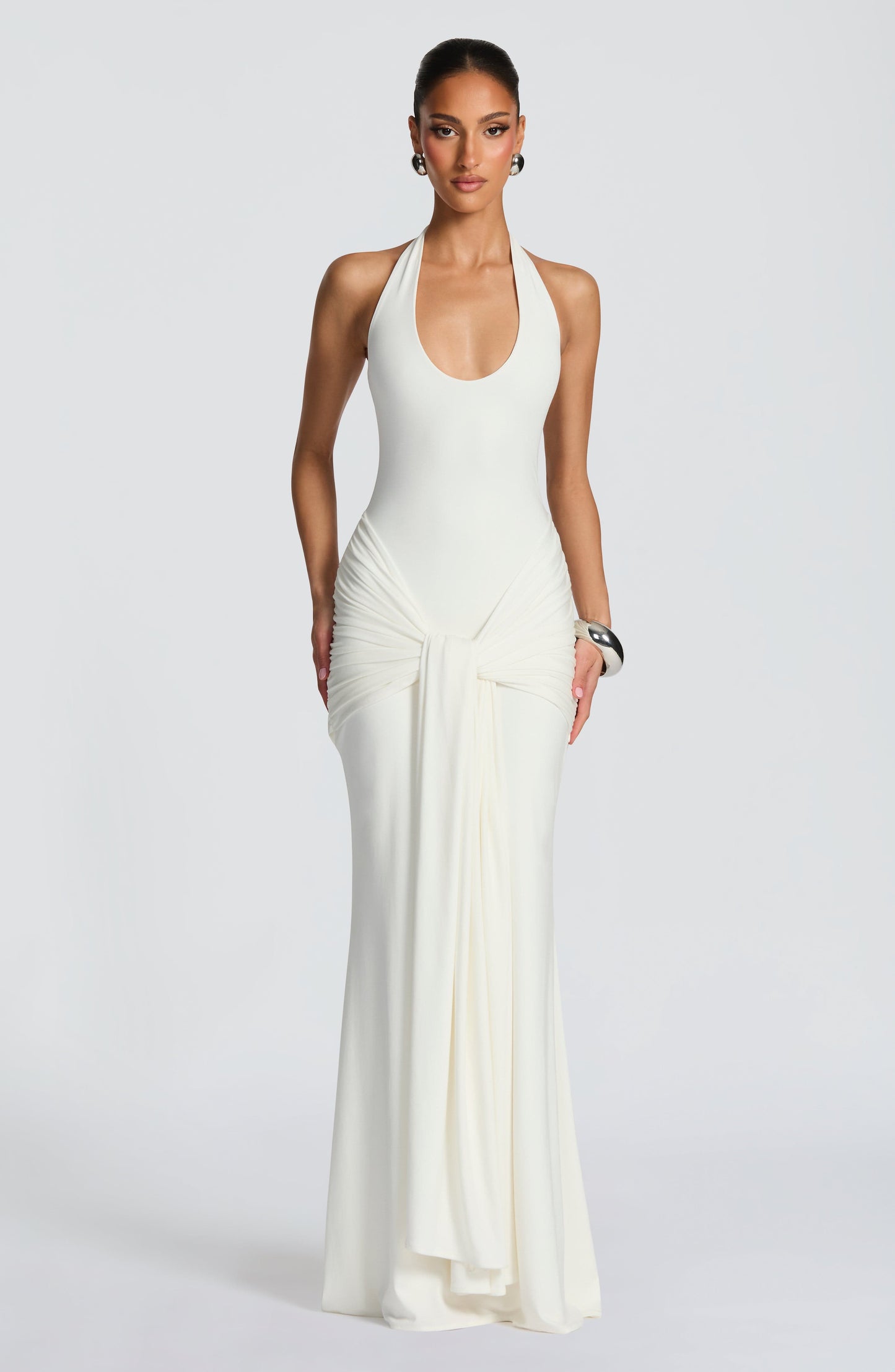 Women ivory halter maxi dress, front view