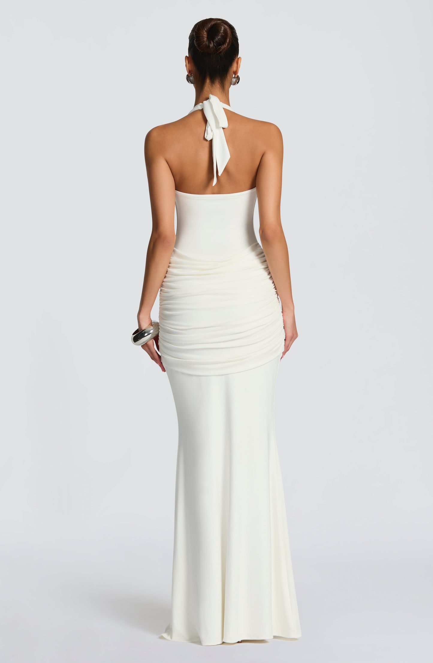 Women ivory halter maxi dress, back view