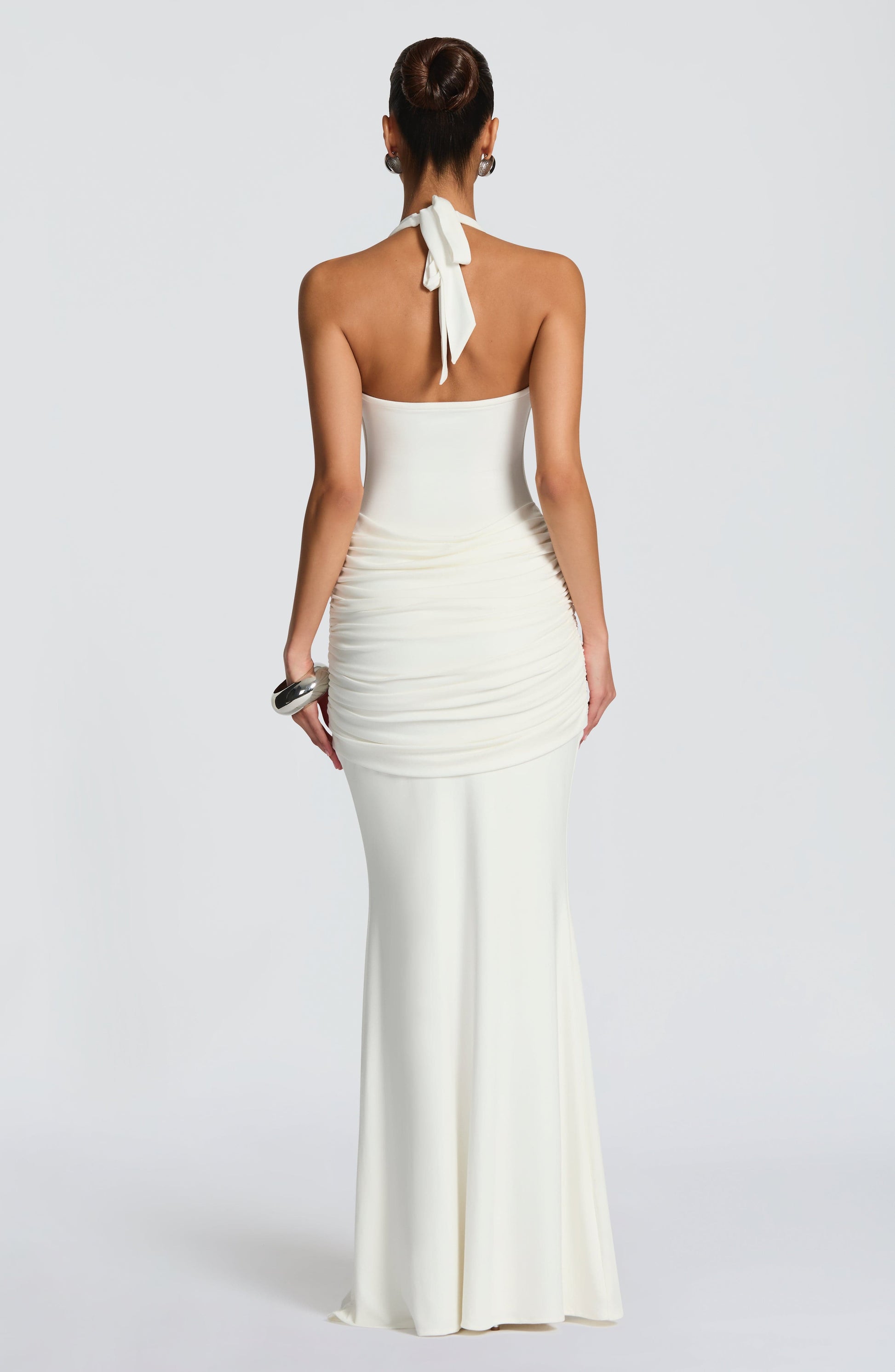 Women ivory halter maxi dress, back view