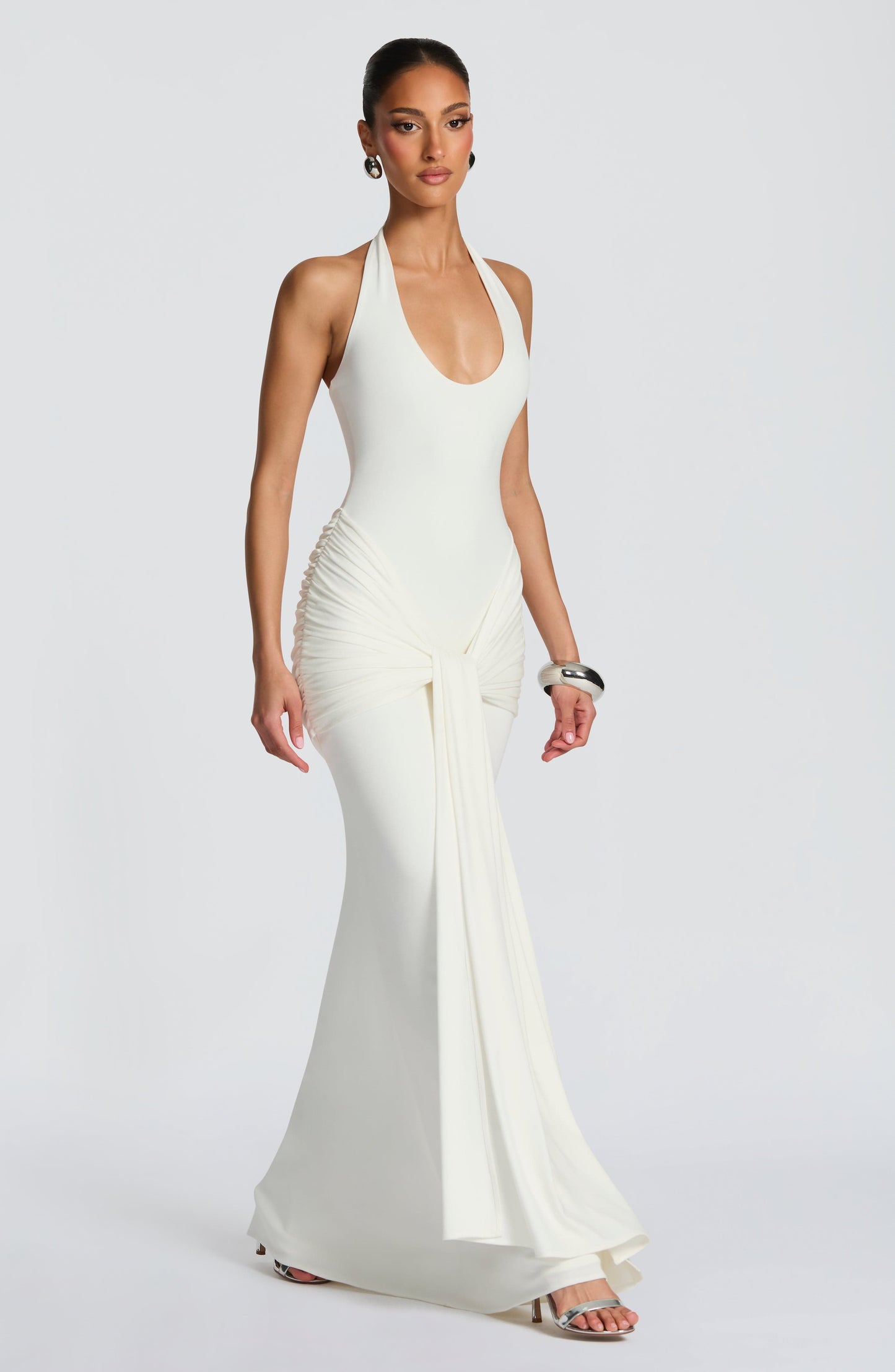Women ivory halter maxi dress, side view