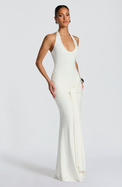Women ivory halter maxi dress, front view