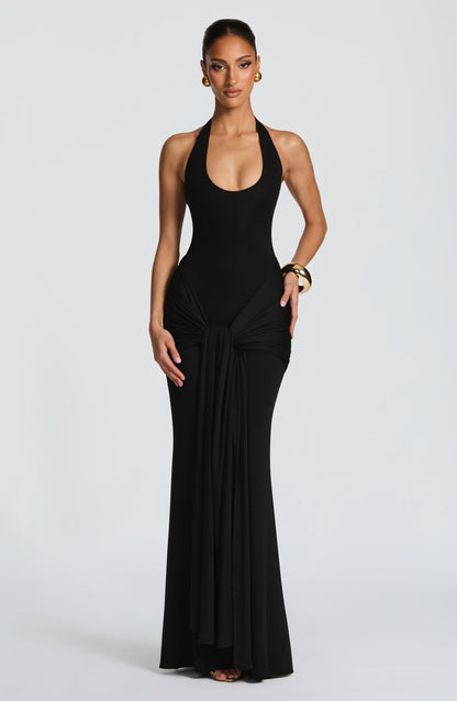 Women black halter maxi dress, detail close-up