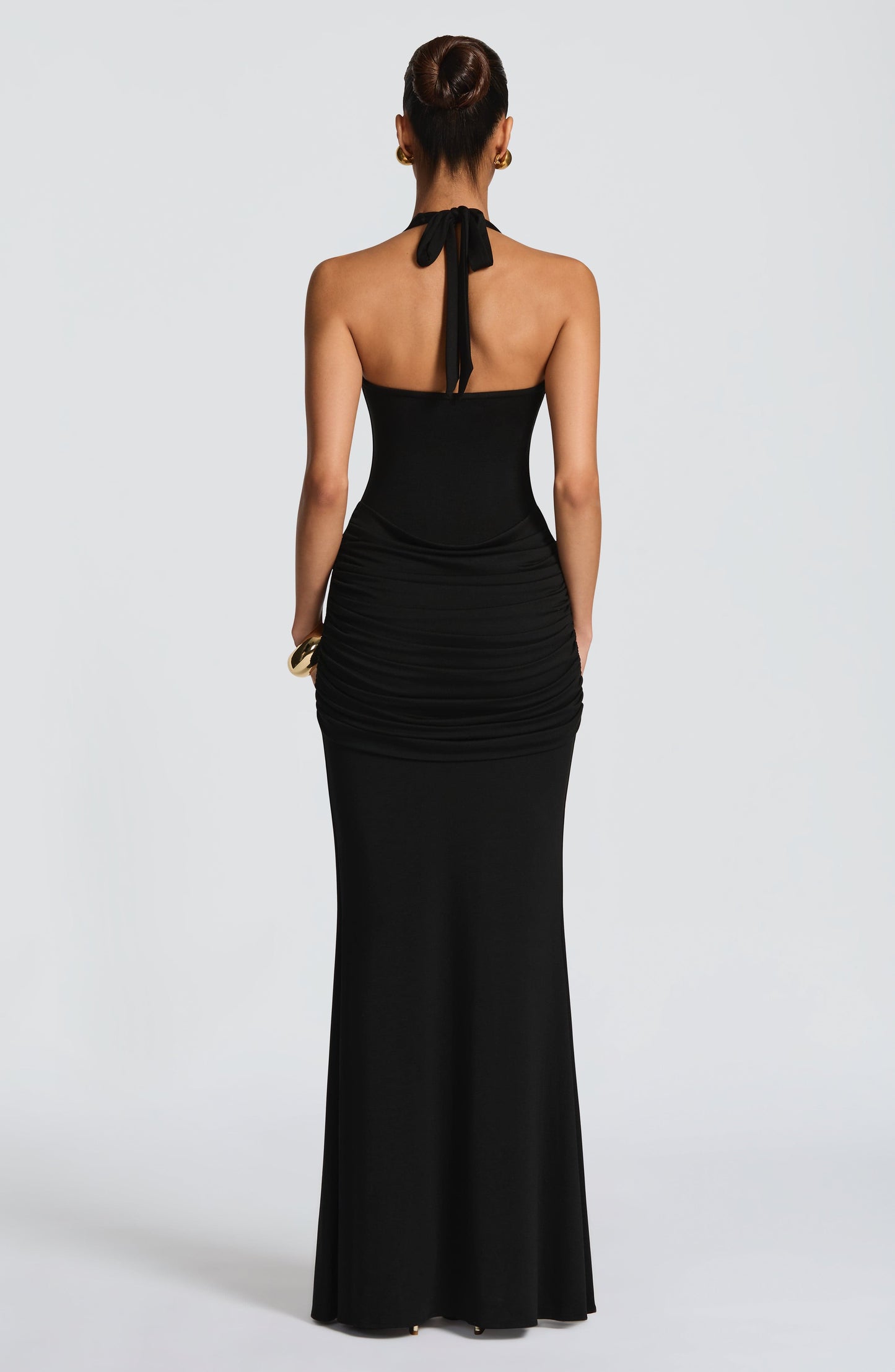 Women black halter maxi dress, front view