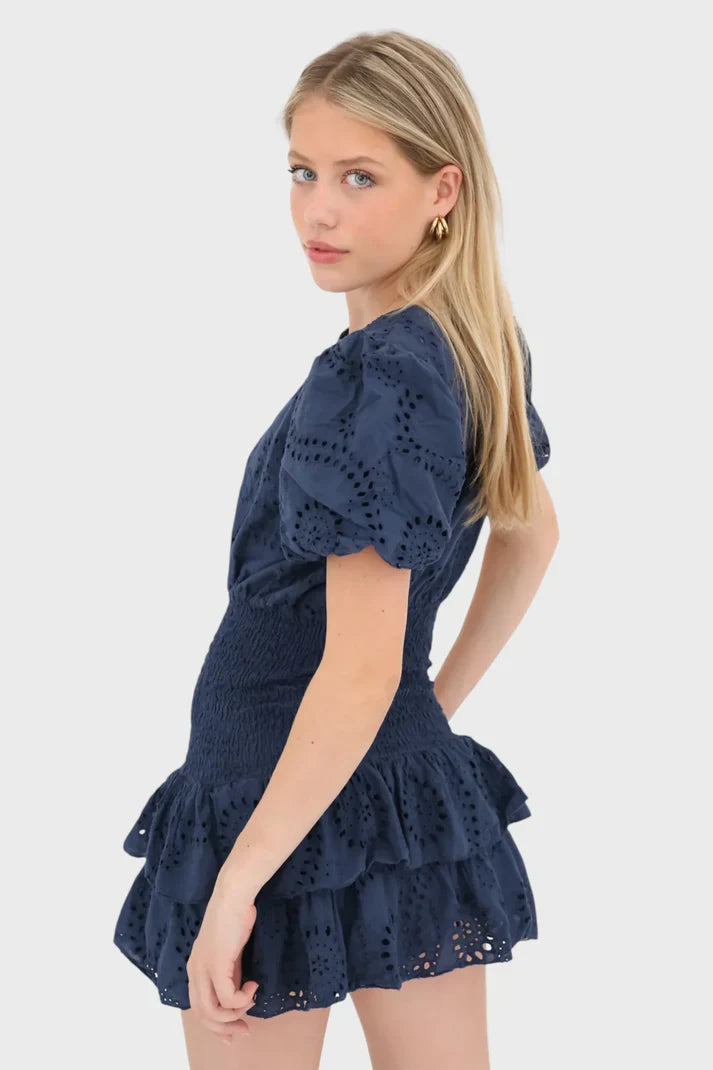 Women round neck ruffle eyelet mini dress, side view