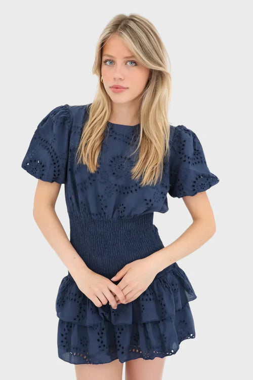 Women round neck ruffle eyelet mini dress, front view