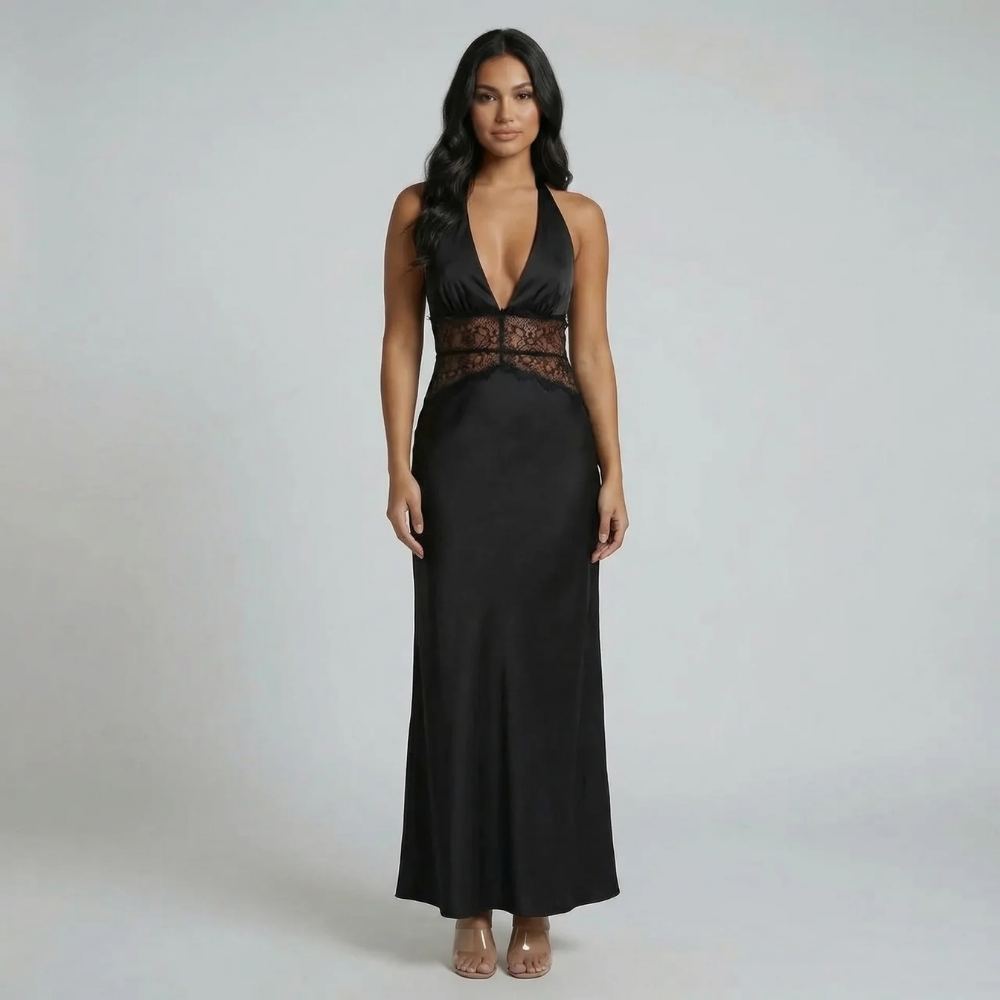 Plain beige halter midi dress with lace waist panel — styled look displaying effortless elegance.