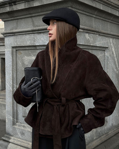 Deborah Belted Shawl Coat in Brown