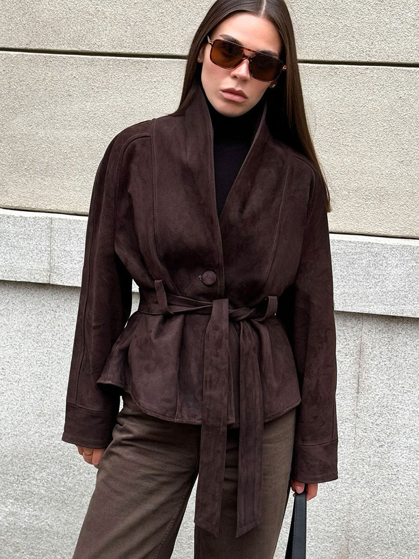 Deborah Belted Shawl Coat in Brown