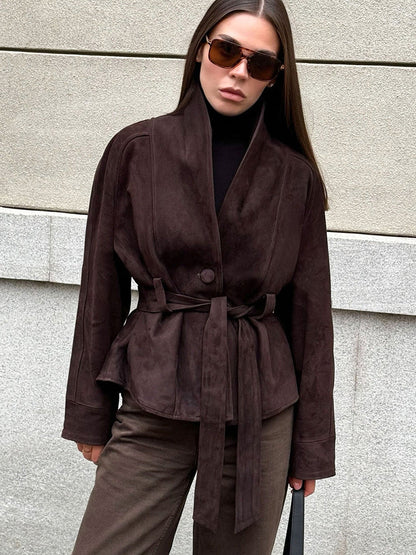 Deborah Belted Shawl Coat in Brown