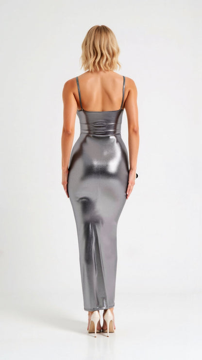 Women gray square neck maxi dress, back