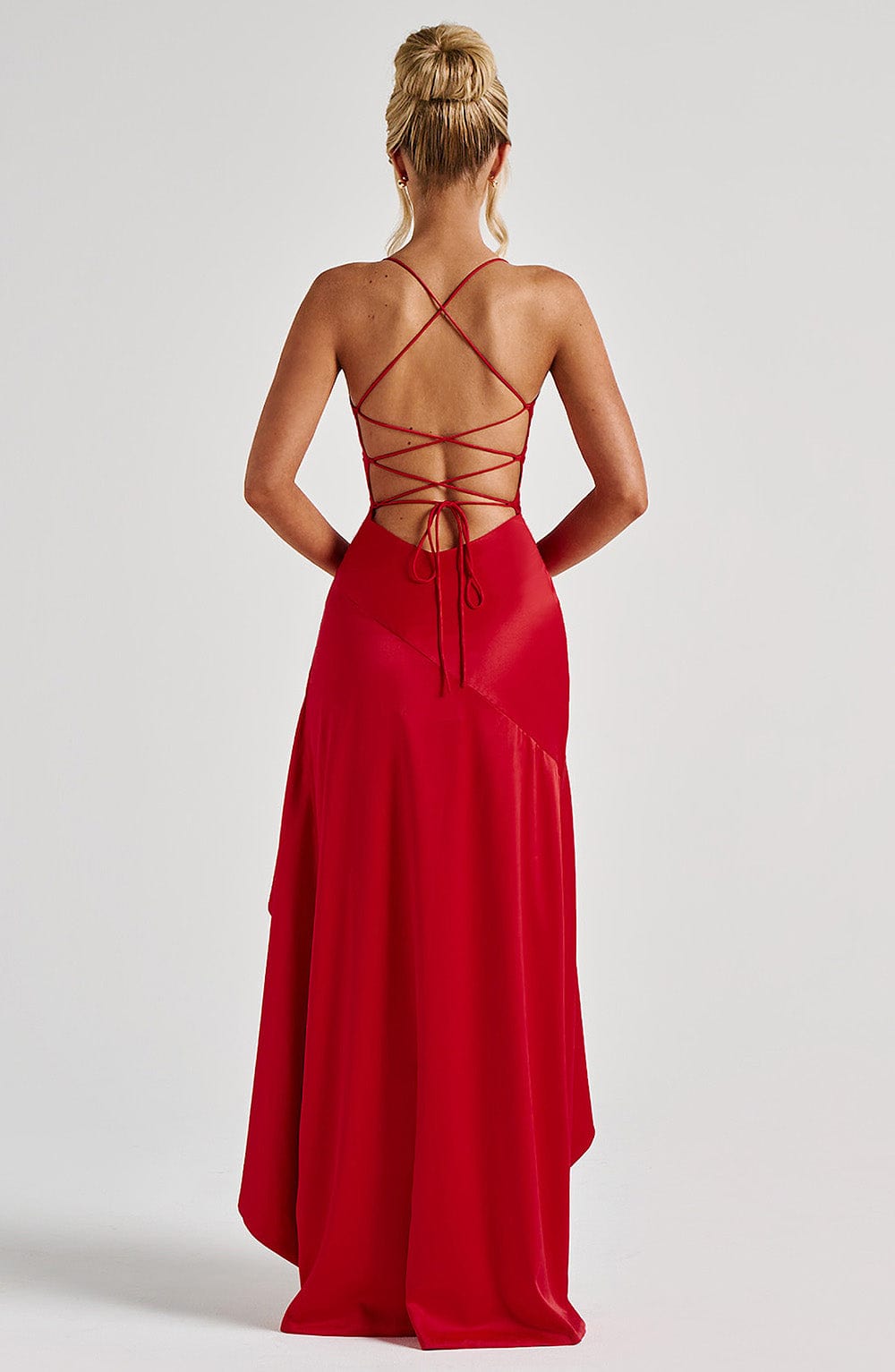 Women red cowl maxi dress, front view