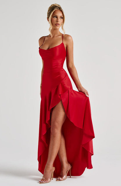 Women red cowl maxi dress, back view