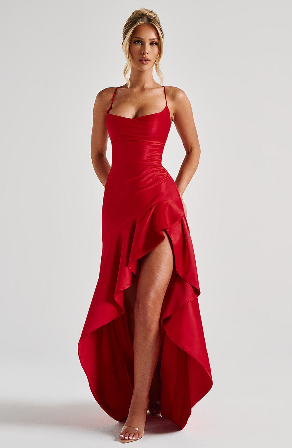 Women red cowl maxi dress, side view