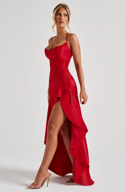 Women red cowl maxi dress, detail close-up