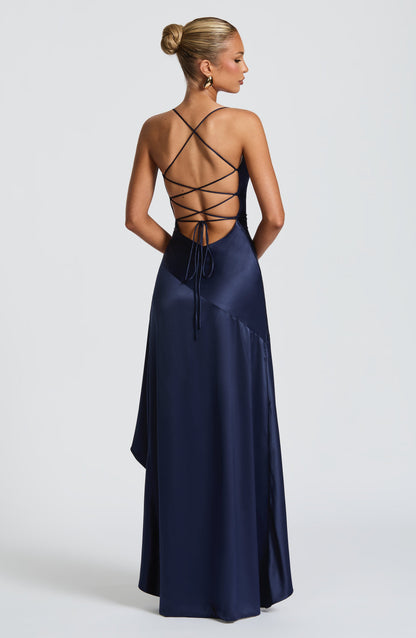 Women navy cowl maxi dress, detail close-up