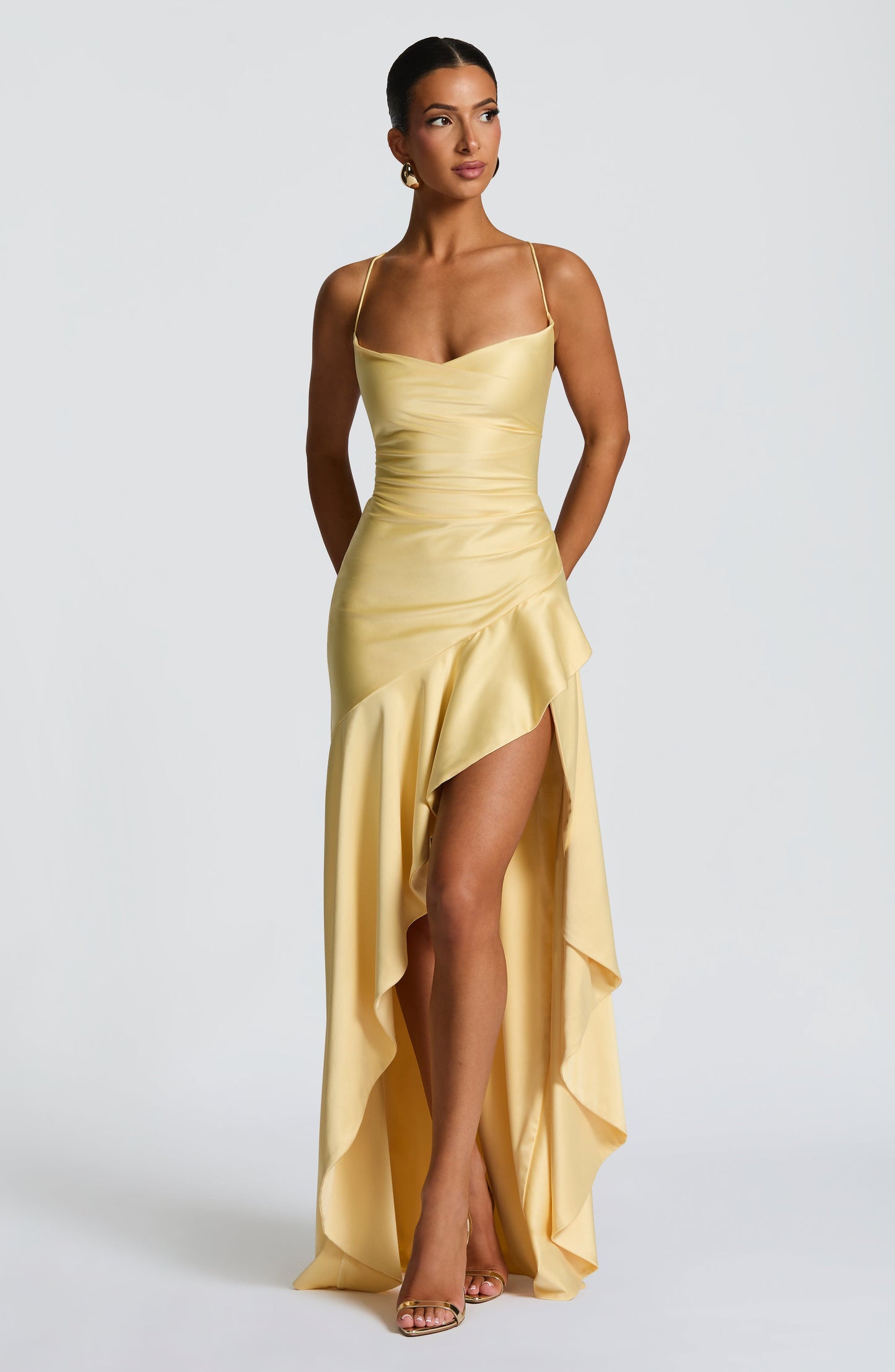 Women cowl maxi dress, detail close-up