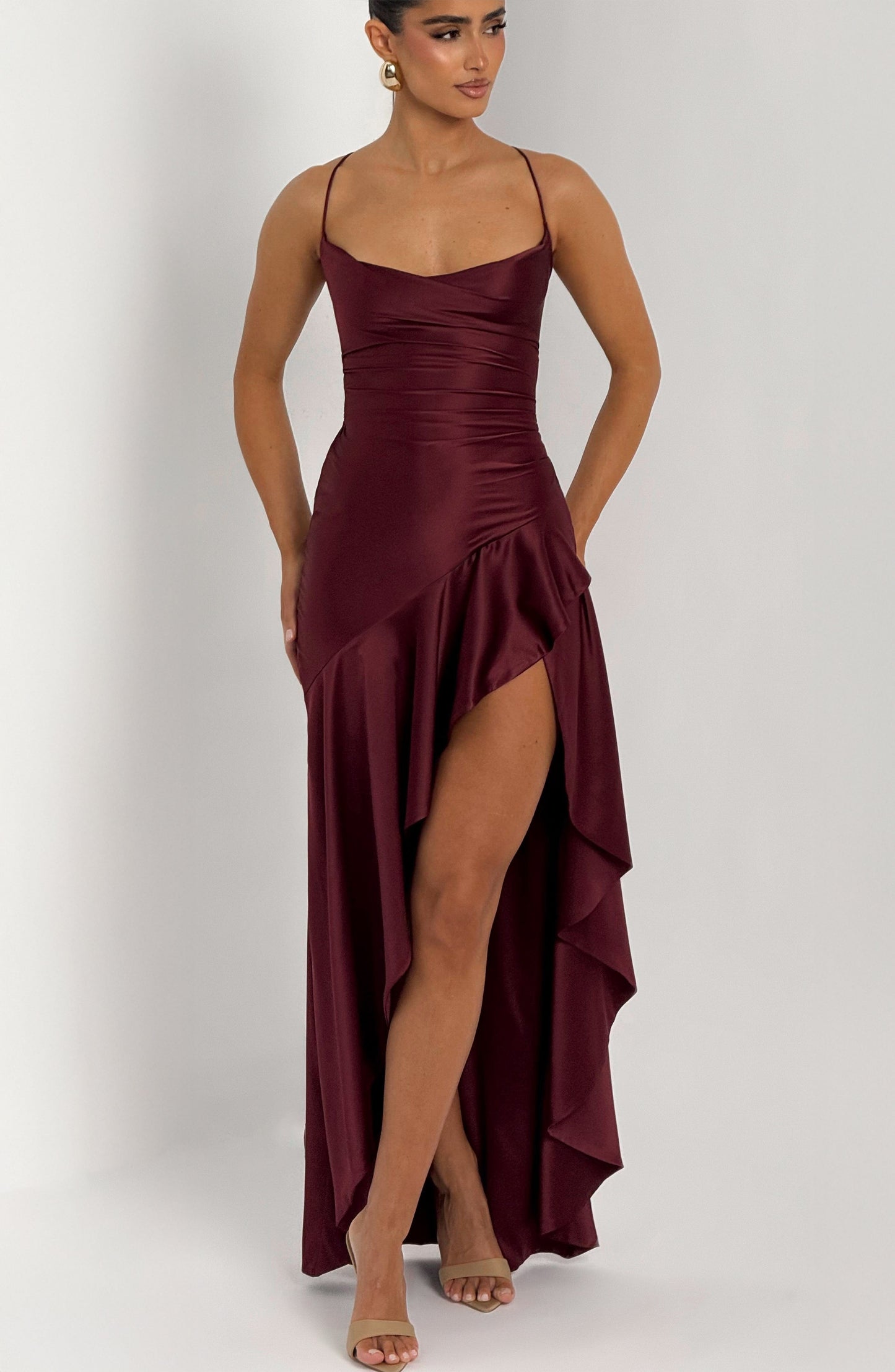 Women cowl maxi dress, front view