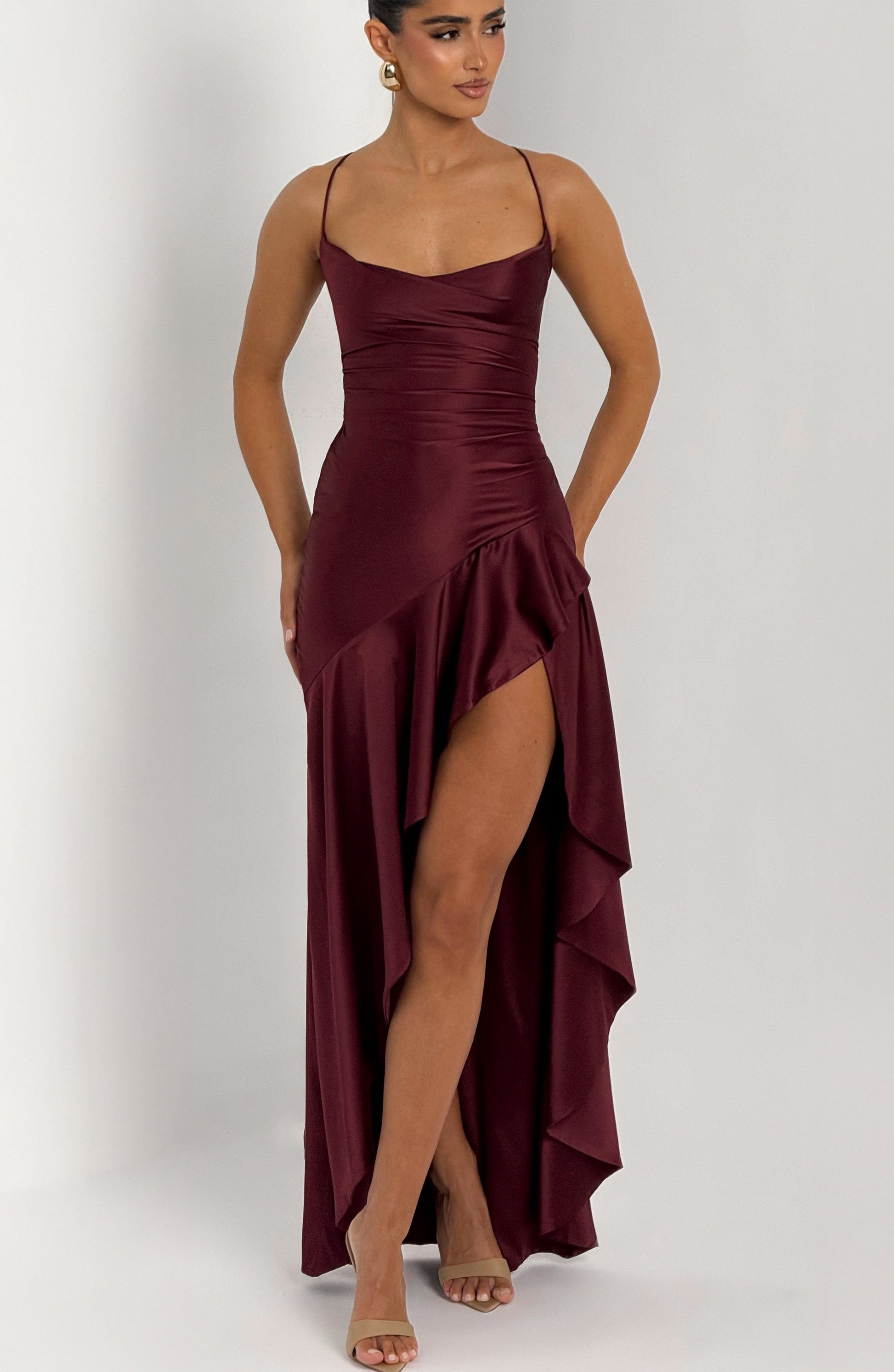 Women cowl maxi dress, front view
