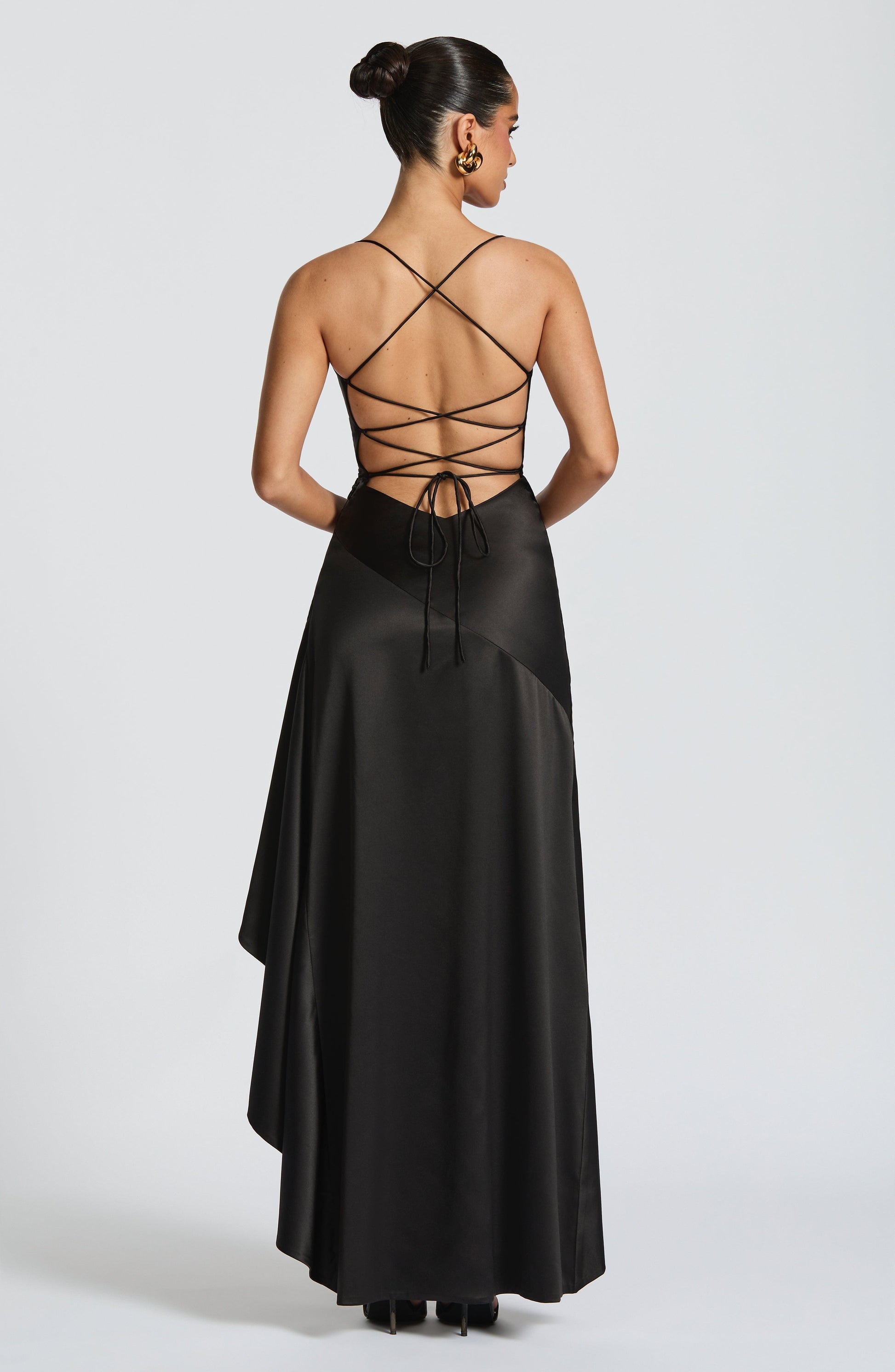 Women black cowl maxi dress, back view