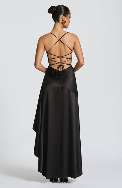 Women black cowl maxi dress, back view