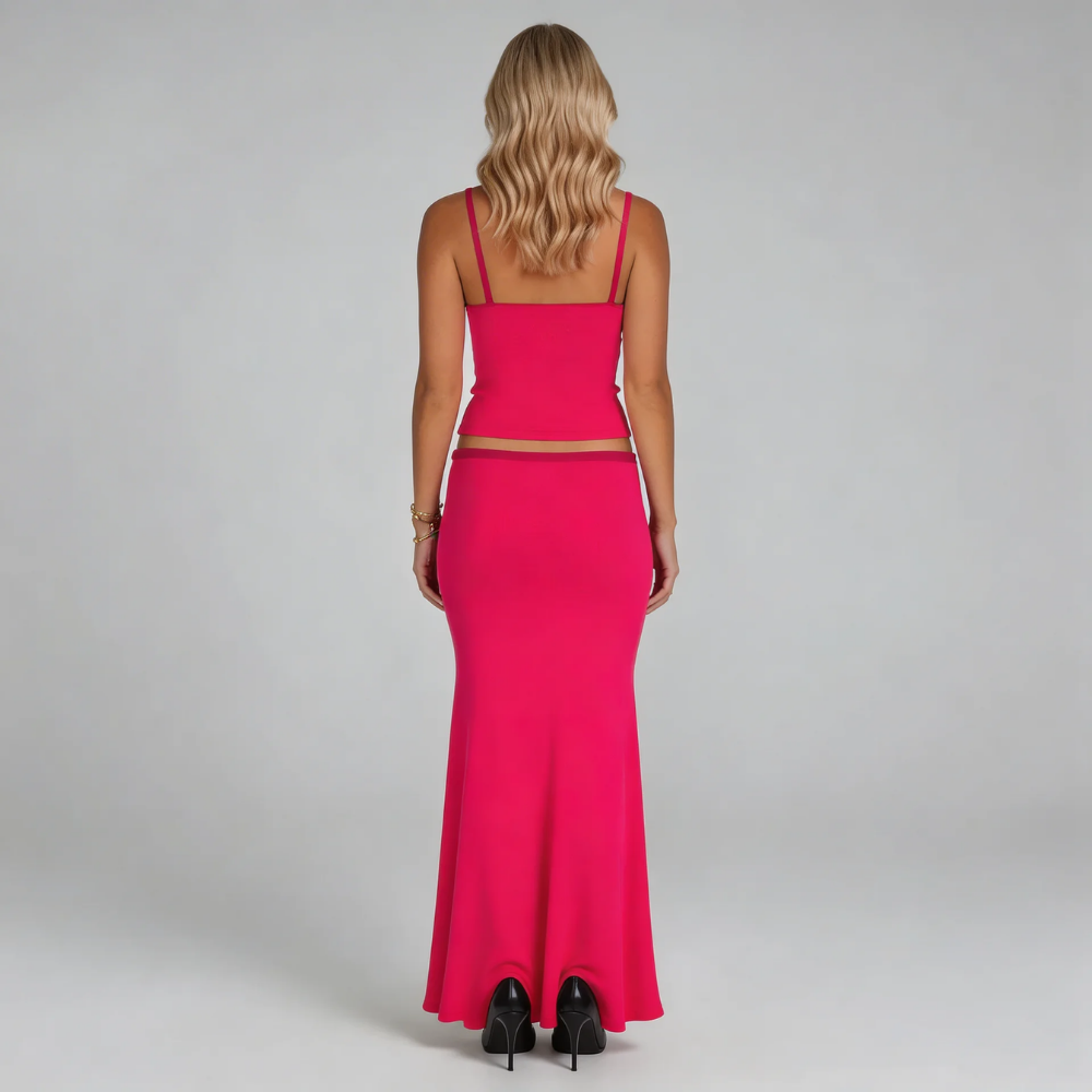 Red ribbed cami top and maxi skirt set — back view showcasing relaxed fit and flowing hem.