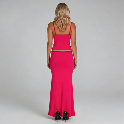 Red ribbed cami top and maxi skirt set — back view showcasing relaxed fit and flowing hem.