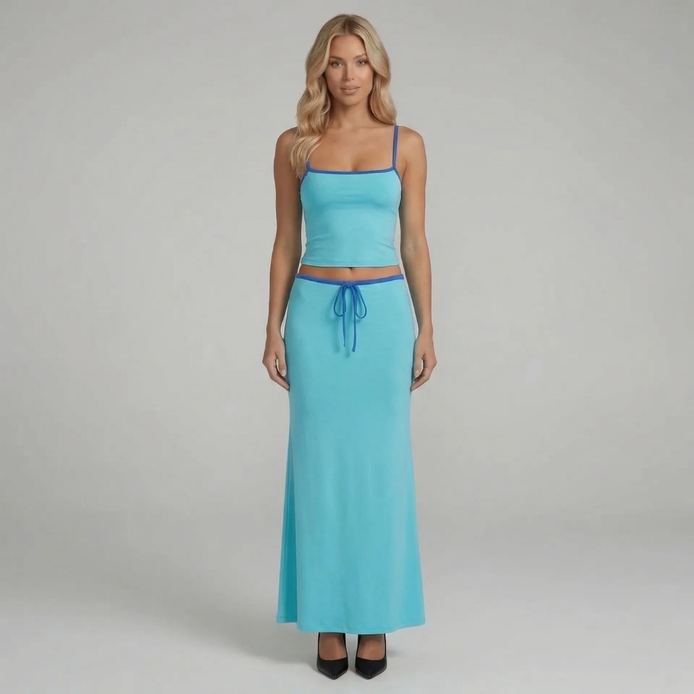 Blue ribbed cami top and maxi skirt set — front view featuring bright color and adjustable drawstring.