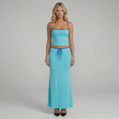 Blue ribbed cami top and maxi skirt set — front view featuring bright color and adjustable drawstring.