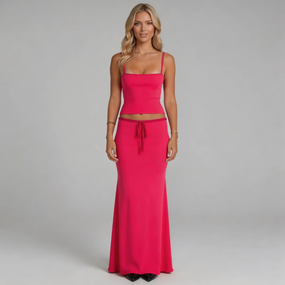 Red ribbed cami top and maxi skirt set — front view showing drawstring waist detail.