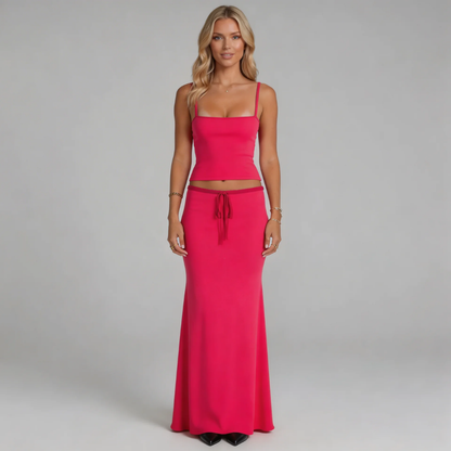 Red ribbed cami top and maxi skirt set — front view showing drawstring waist detail.