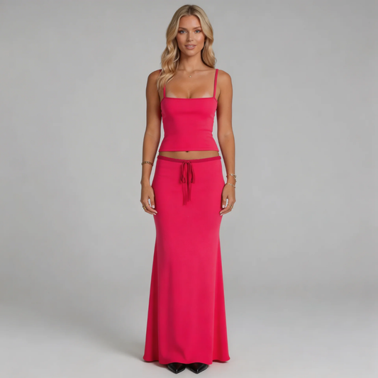 Red ribbed cami top and maxi skirt set — front view showing drawstring waist detail.