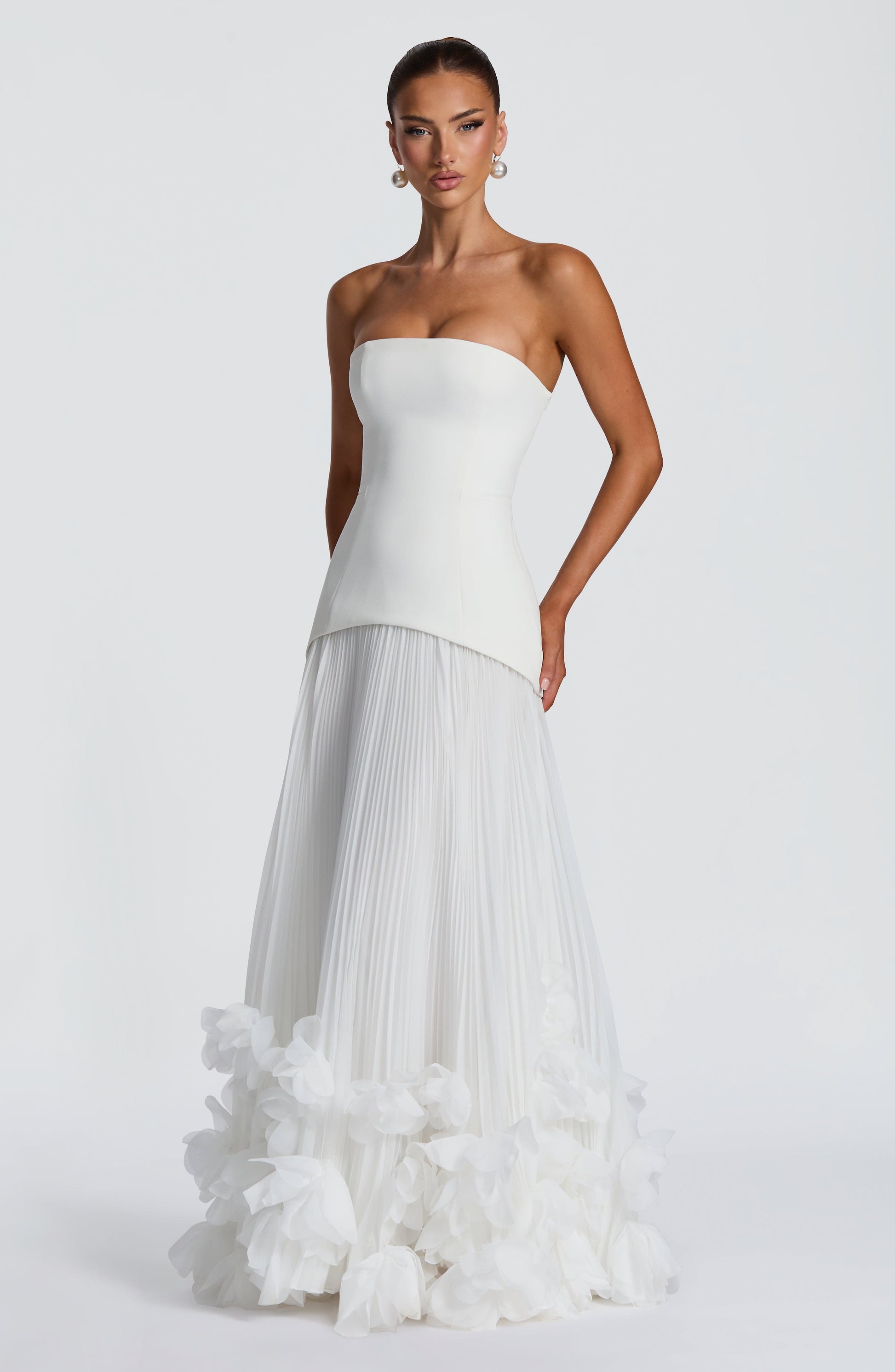 Women ivory strapless maxi dress, side view