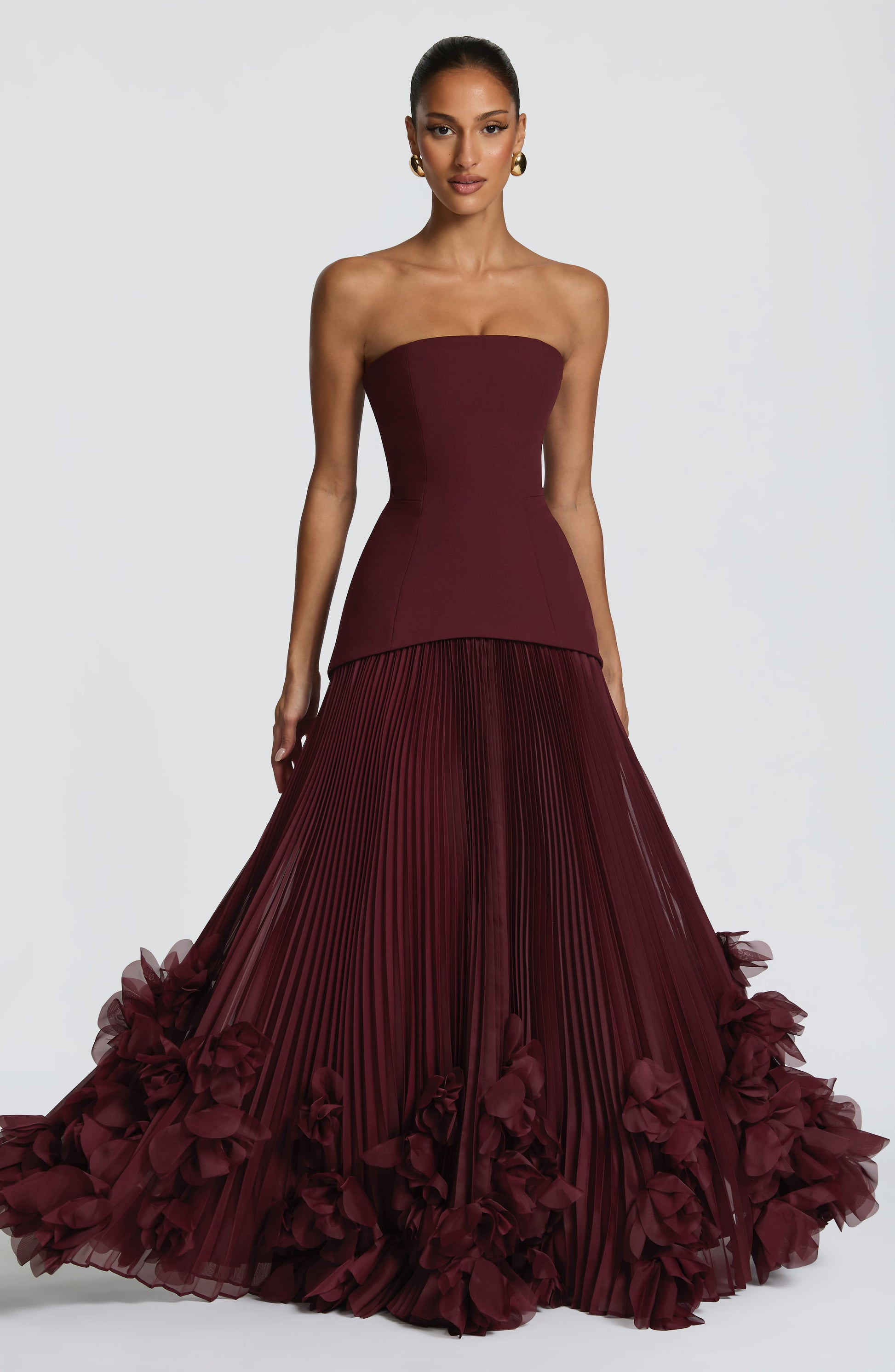 Women strapless maxi dress, side view