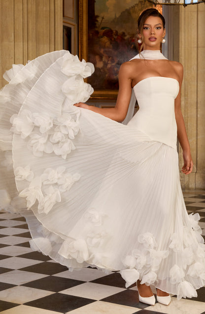 Women ivory strapless maxi dress, back view