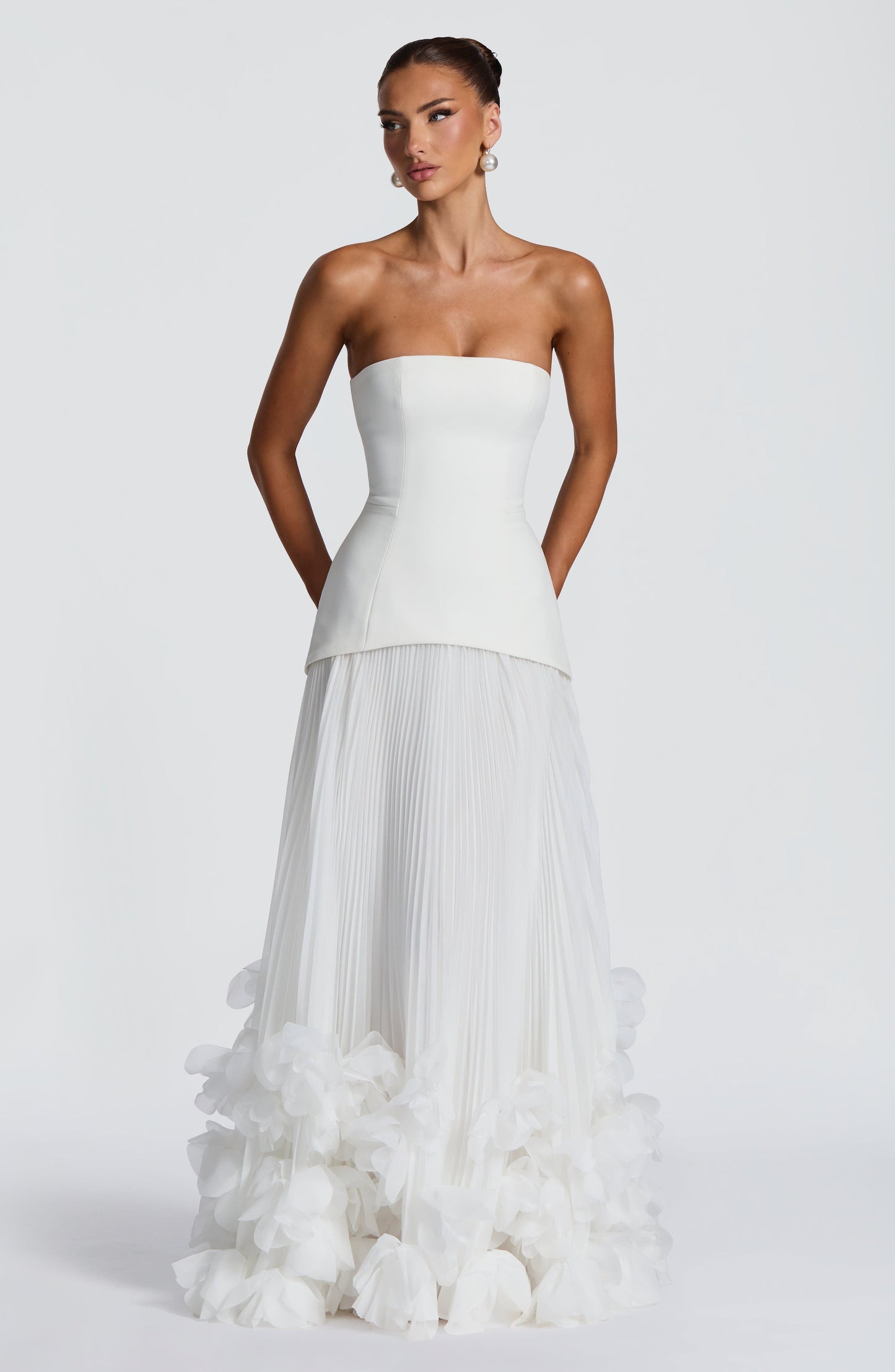 Women ivory strapless maxi dress, side view