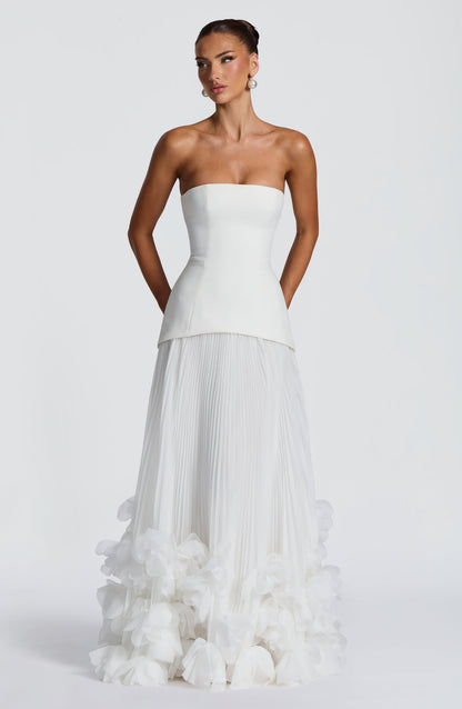 Women ivory strapless maxi dress, side view