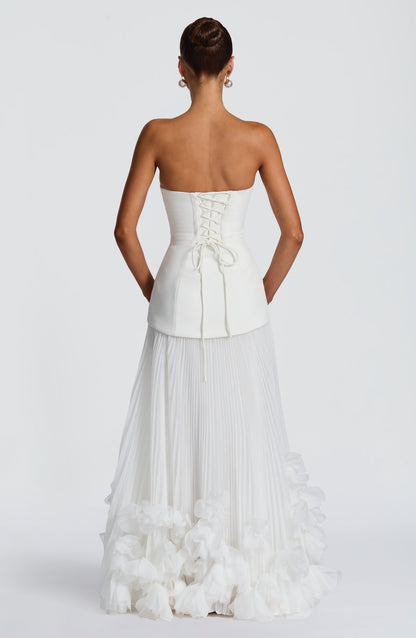 Women ivory strapless maxi dress, detail close-up
