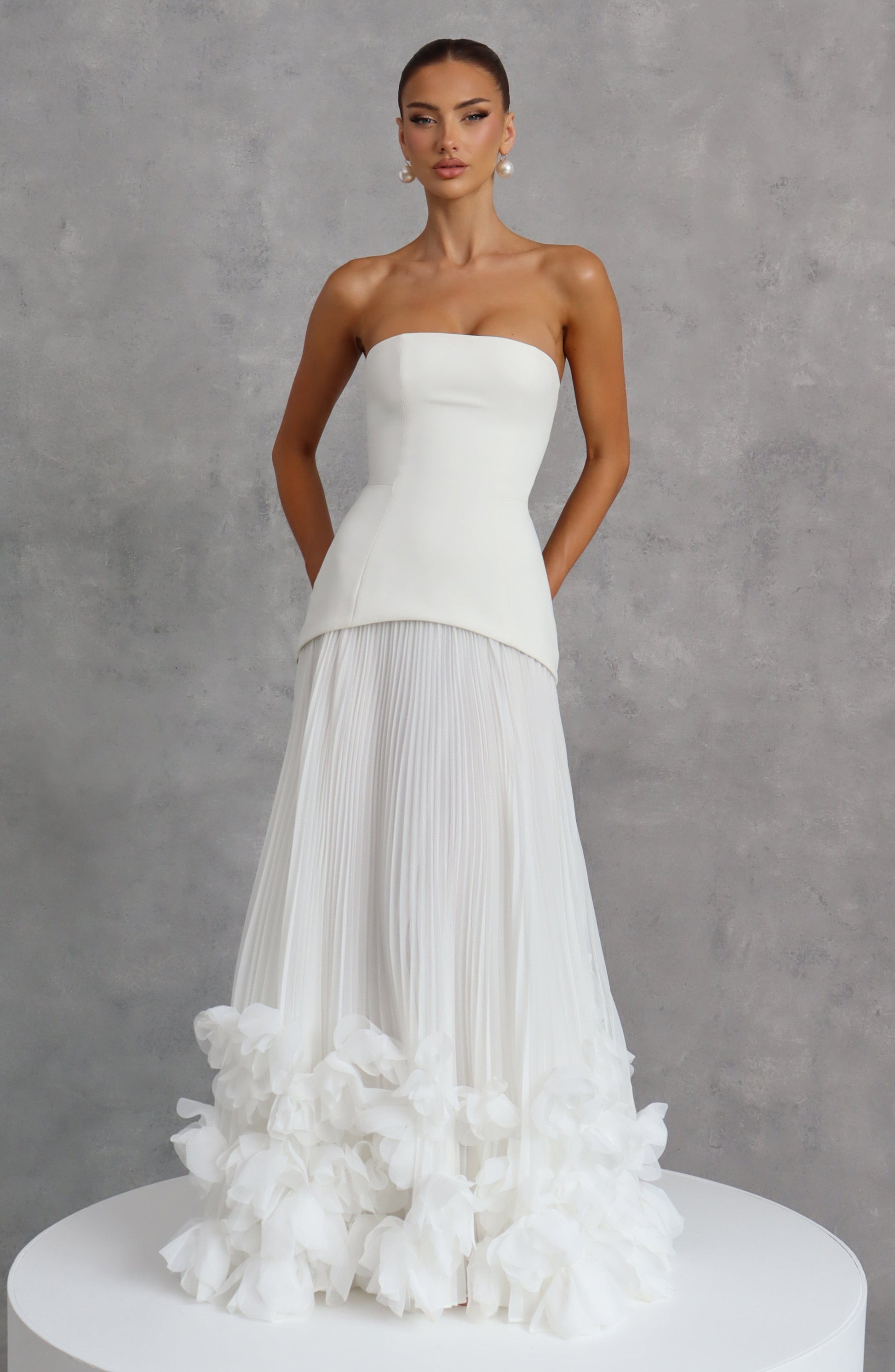 Women ivory strapless maxi dress, front view