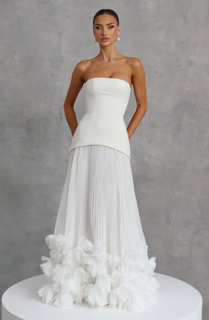 Women ivory strapless maxi dress, front view